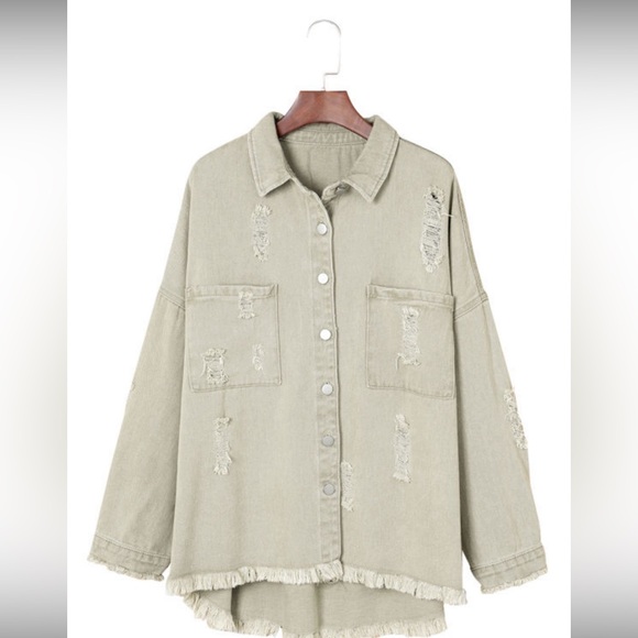 Olive Green Distressed with Frayed Hem Button Down Denim Jacket, Relaxed Fit, M - Picture 12 of 14